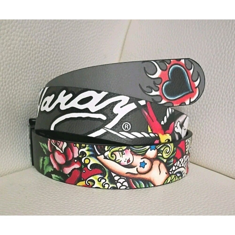 Ed Hardy Men's Reversible Belt Grey Black Tattoo Graphic Mermaid